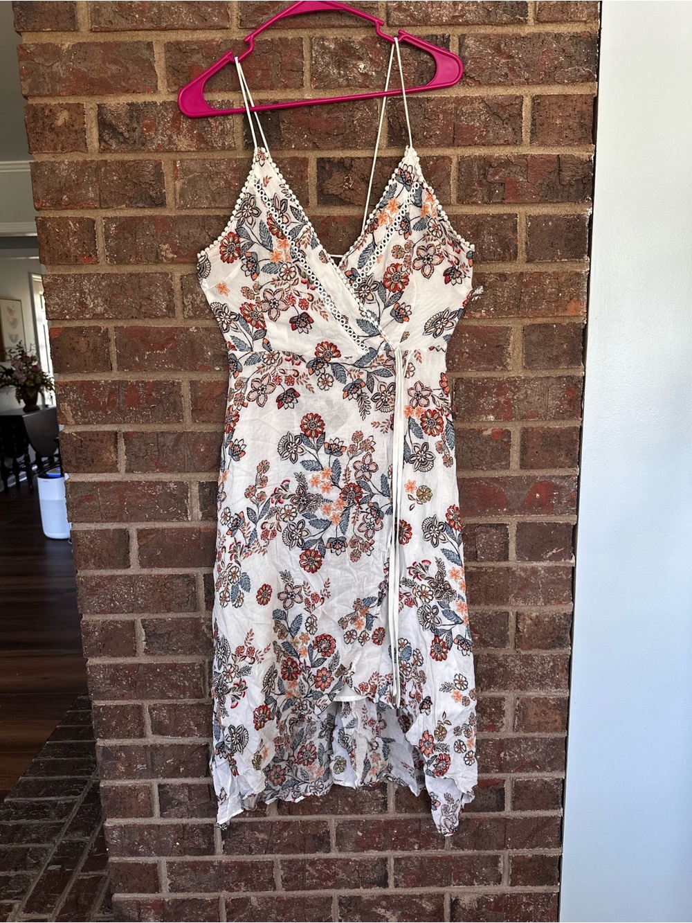 J.O.A. Floral High-Low Wrap Dress M Boho Crochet Lace Lace-Up Back